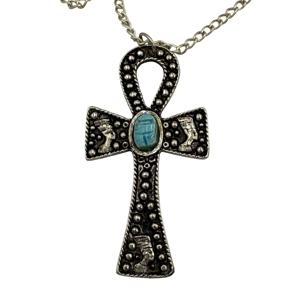 Vintage Ankh Cross Necklace Silver Tone Blue Stone Egyptian